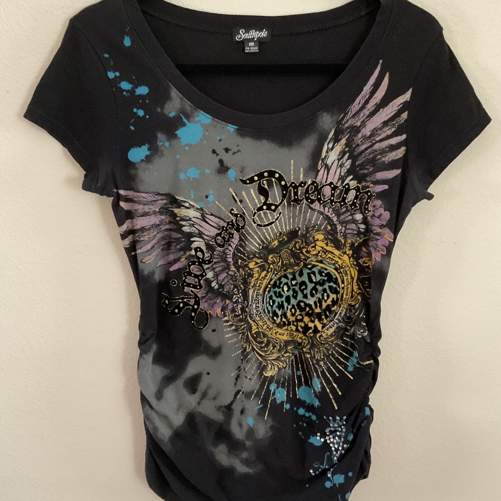 Black T-shirt with winged design, "Live and Dream".